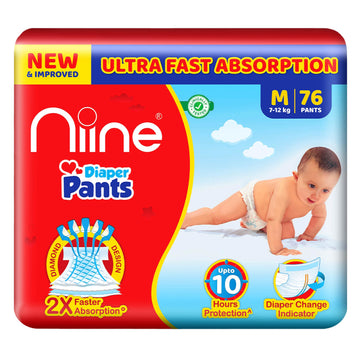 Niine Cottony Soft Baby Diaper Pants With Diaper Change Indicator For Overnight Protection, Mega Pack, Medium Size (712 Kg), 76