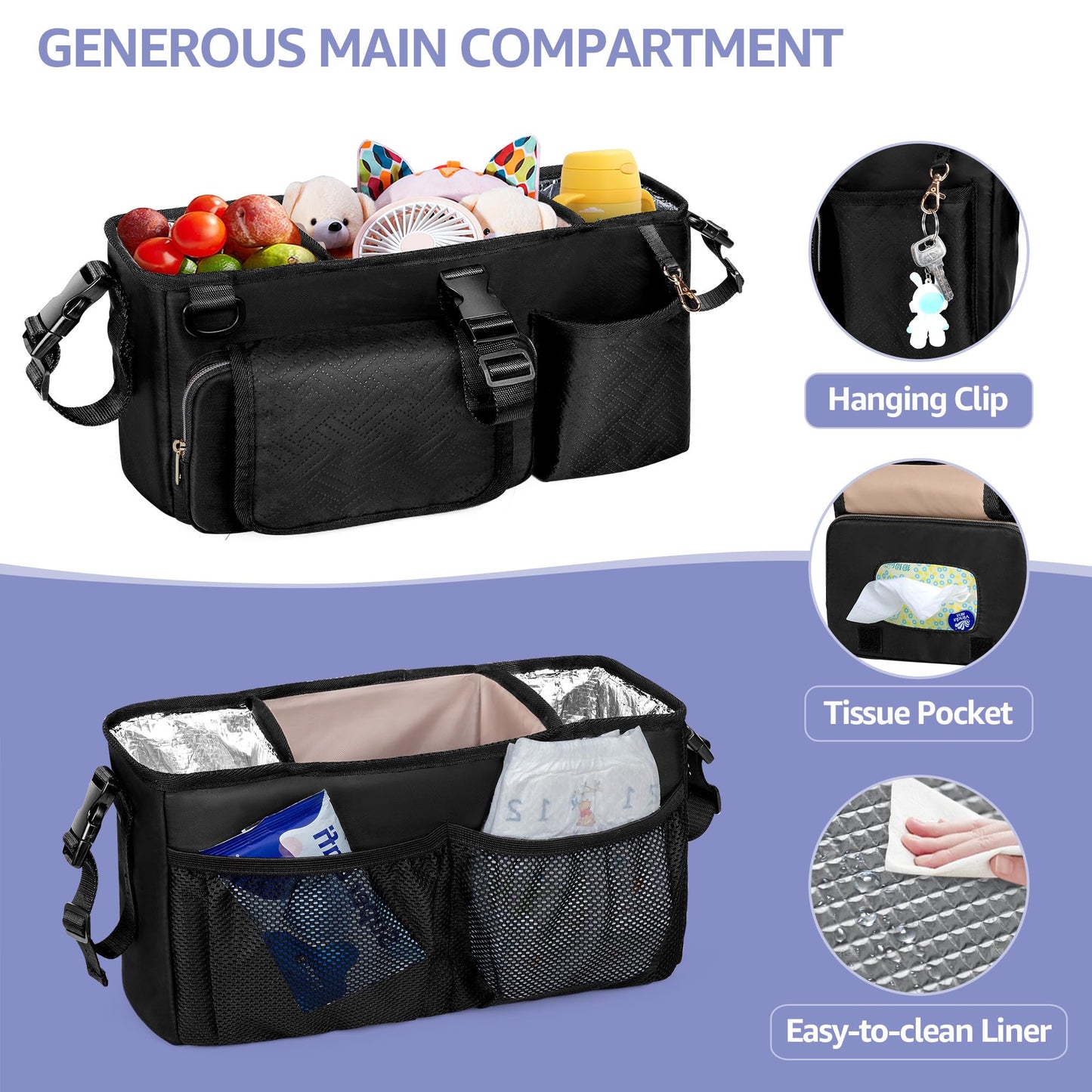 Prokva Parent Console Stroller Organizer Compatible With Wonderfold W2&W4&X, Wagon Stroller Caddy With 2 Insulated Cup Holders,