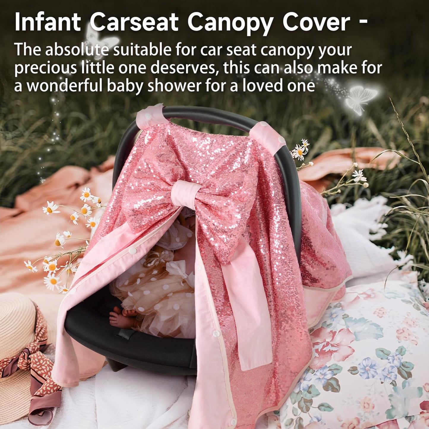 Baby Carseat Canopy Cover with Bow for Girls Boys with Bow Stroller and Cart Cover Carseat Nursing Cover Newborn Gift (Pink)