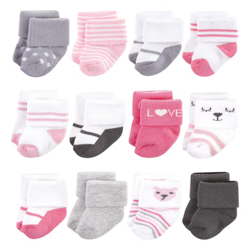 Hudson Baby Baby Girls Cotton Rich Newborn And Terry Socks, Bear Girl 12-Pack, 0-6 Months Us