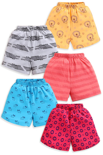 Luvlap Baby Boys & Girls Regular Fit 100% Cotton Shorts Pack Of 5, Vapour Grey, Sunflower, Coral Red, Deep Aqua & Coral Quartz, 