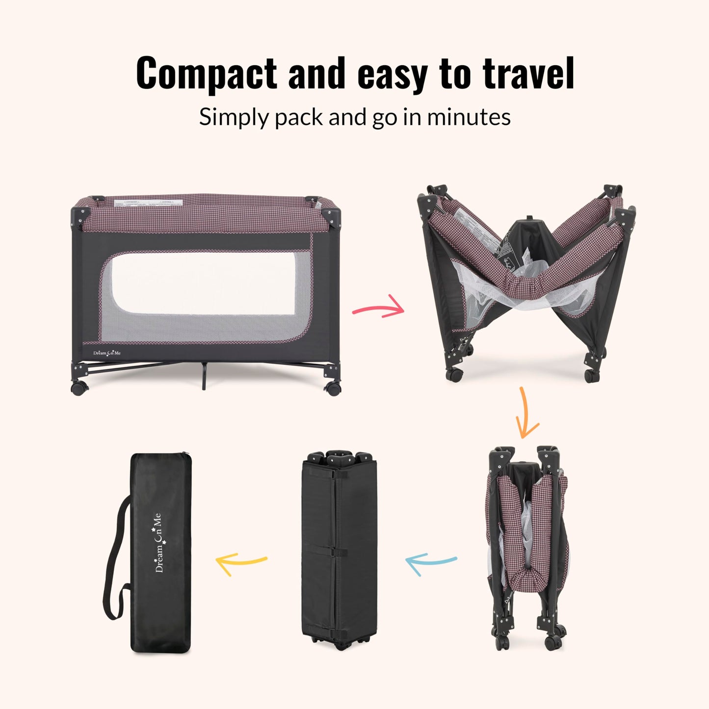 Dream On Me Ezgo Portable Playard In Pink & Black, Compact Easy To Fold And Travel Baby Playard, Breathable Mesh Sides, Carry Ba