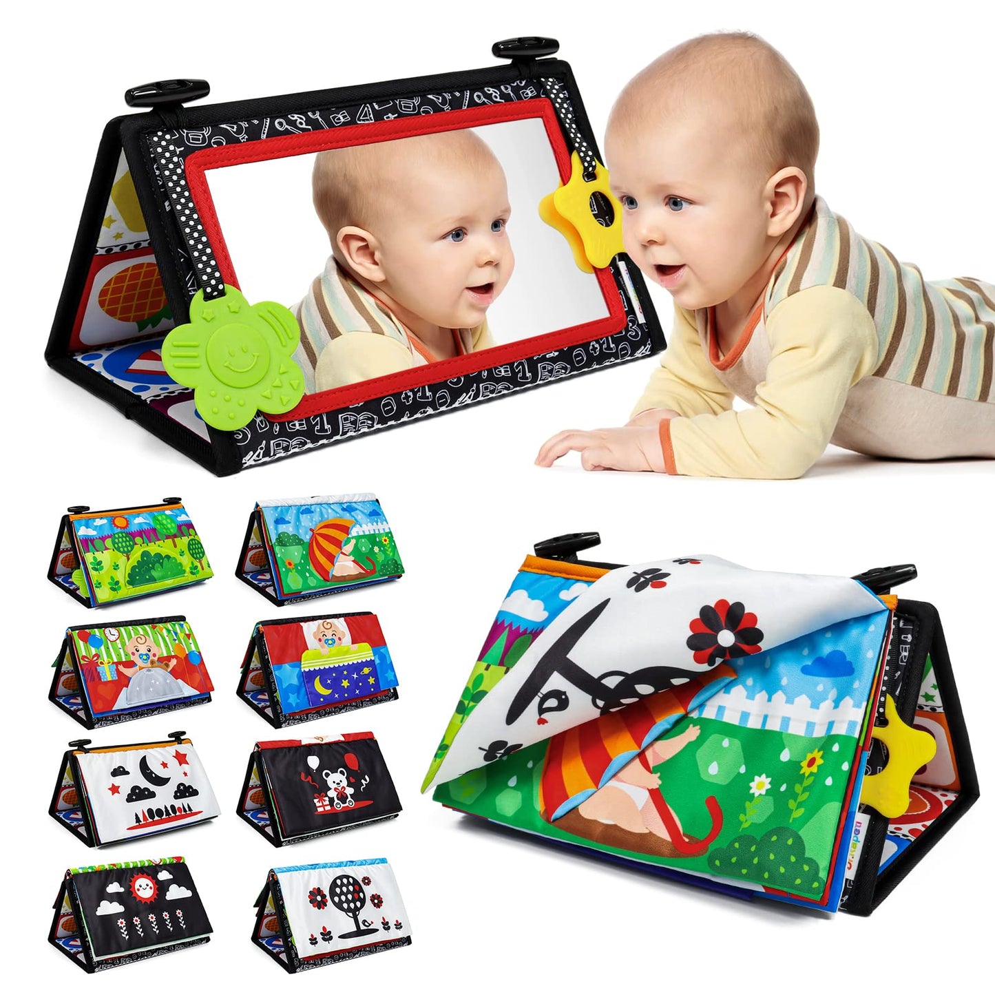 Dr.Rapeti Tummy Time Floor Mirror for Baby Infant Toddler Kids Black and White High Contrast Baby Toy with Crinkle Cloth Book Te