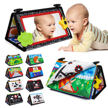 Dr.Rapeti Tummy Time Floor Mirror for Baby Infant Toddler Kids Black and White High Contrast Baby Toy with Crinkle Cloth Book Te