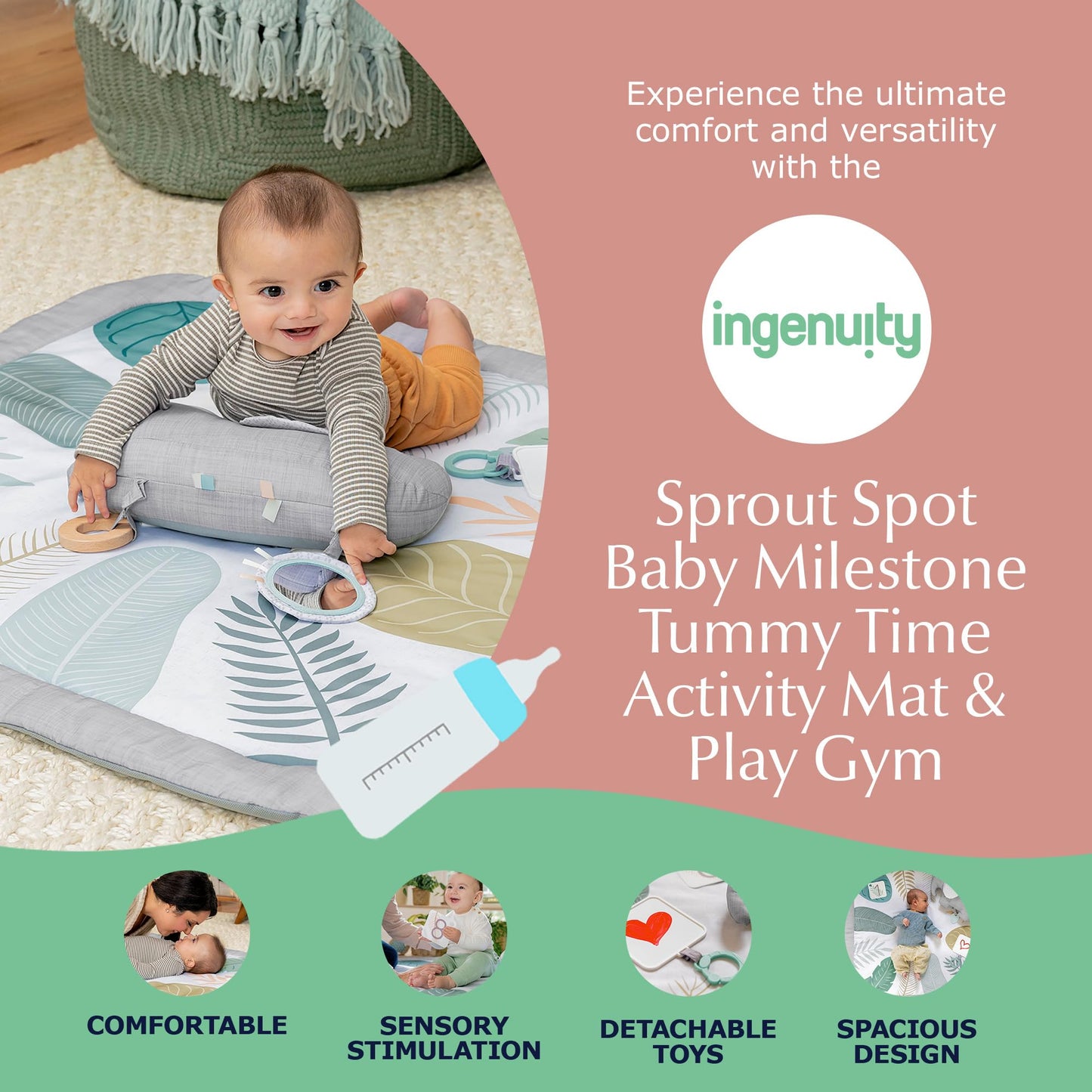 Ingenuity Sprout Spot Baby Milestone Tummy Time Activity Mat And Play Gym Unisex Ages 0+ Months 40 X 40 Inches