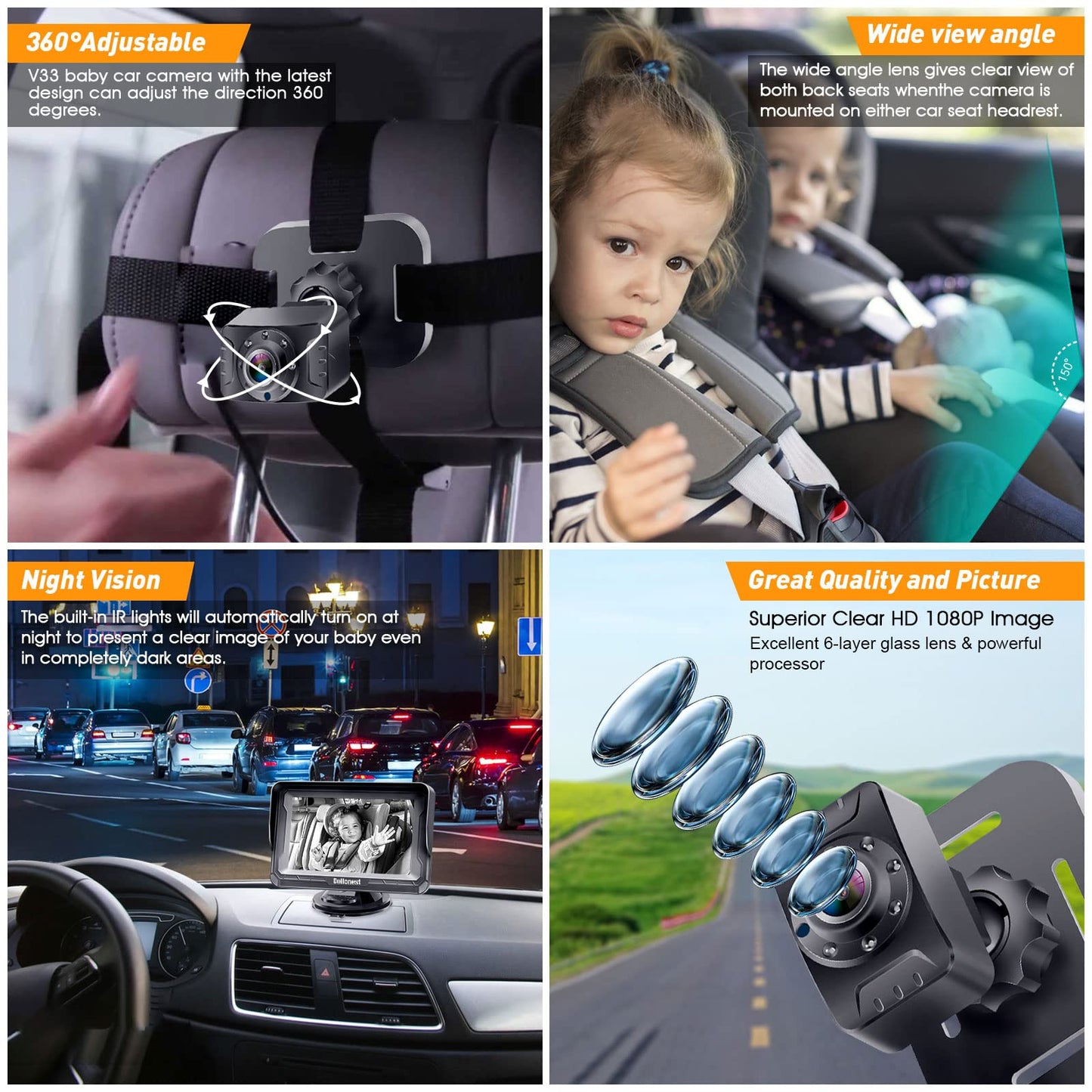 Baby Car Camera 2-Pack For Seat: Adjustable Infant Car Camera Easy Setup For Family With 2 Cars - Hd 1080P Crystal Night Vision