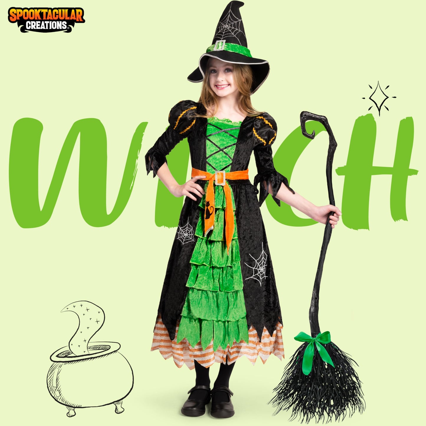 Spooktacular Creations Fairytale Green Cute Witch Dress Halloween Costume Deluxe Set With Hat For Girls (3T)