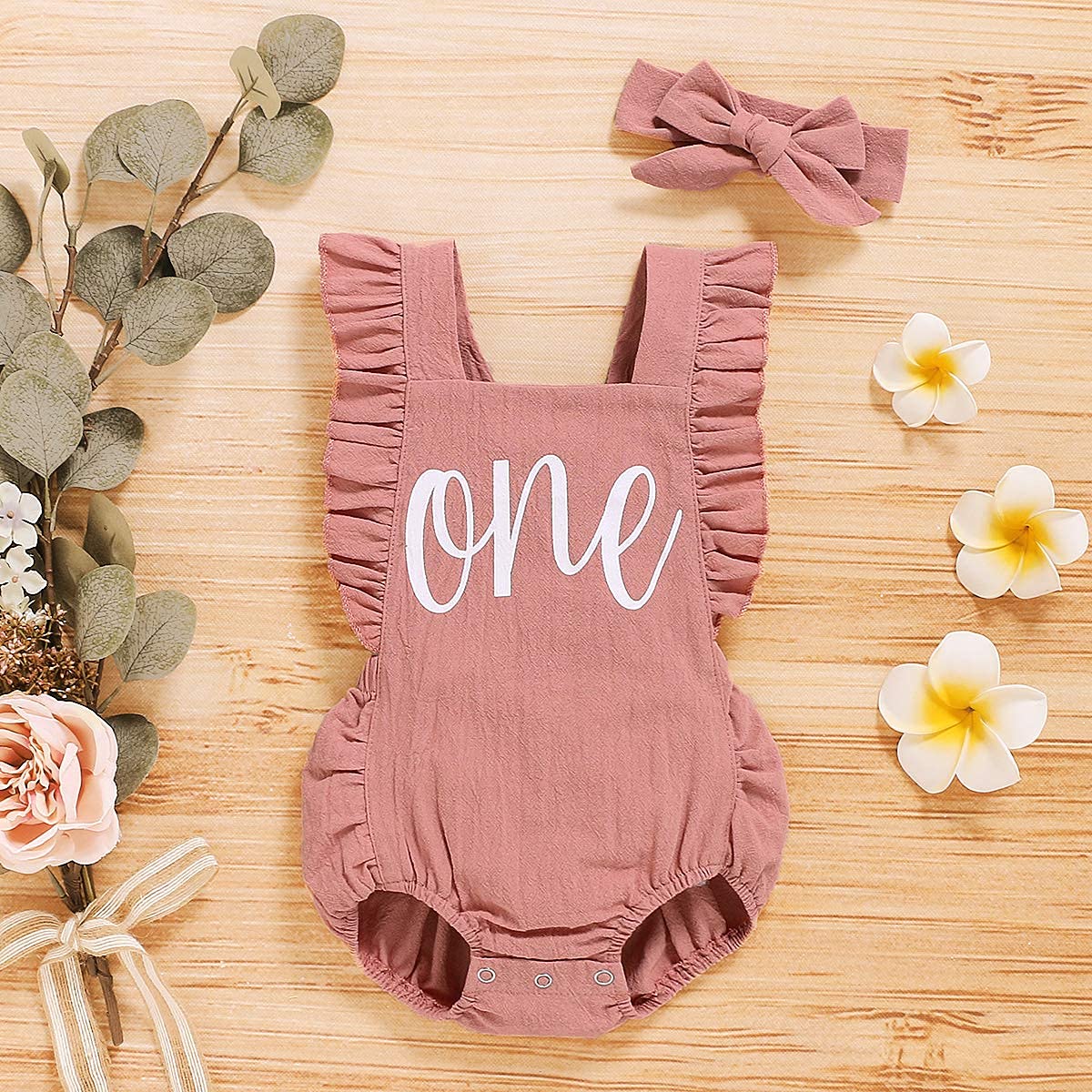 Detigee Baby Girl 1St Birthday Bodysuit Toddler Backless Jumpsuit With Headband (Pink01,12-18 Months)