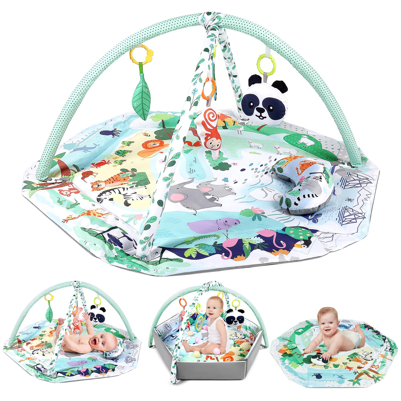 Dearlomum 4-In-1 Tummy Time Mat,Baby Activity Play Mat,Newborn Play Baby Mats For Floor With 6 Infant Learning Sensory Baby Toys