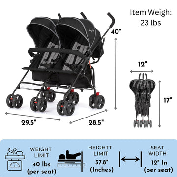 Dream On Me Volgo Twin Umbrella Stroller in Black, Lightweight Double Stroller for Infant & Toddler, Compact Easy Fold, Large St