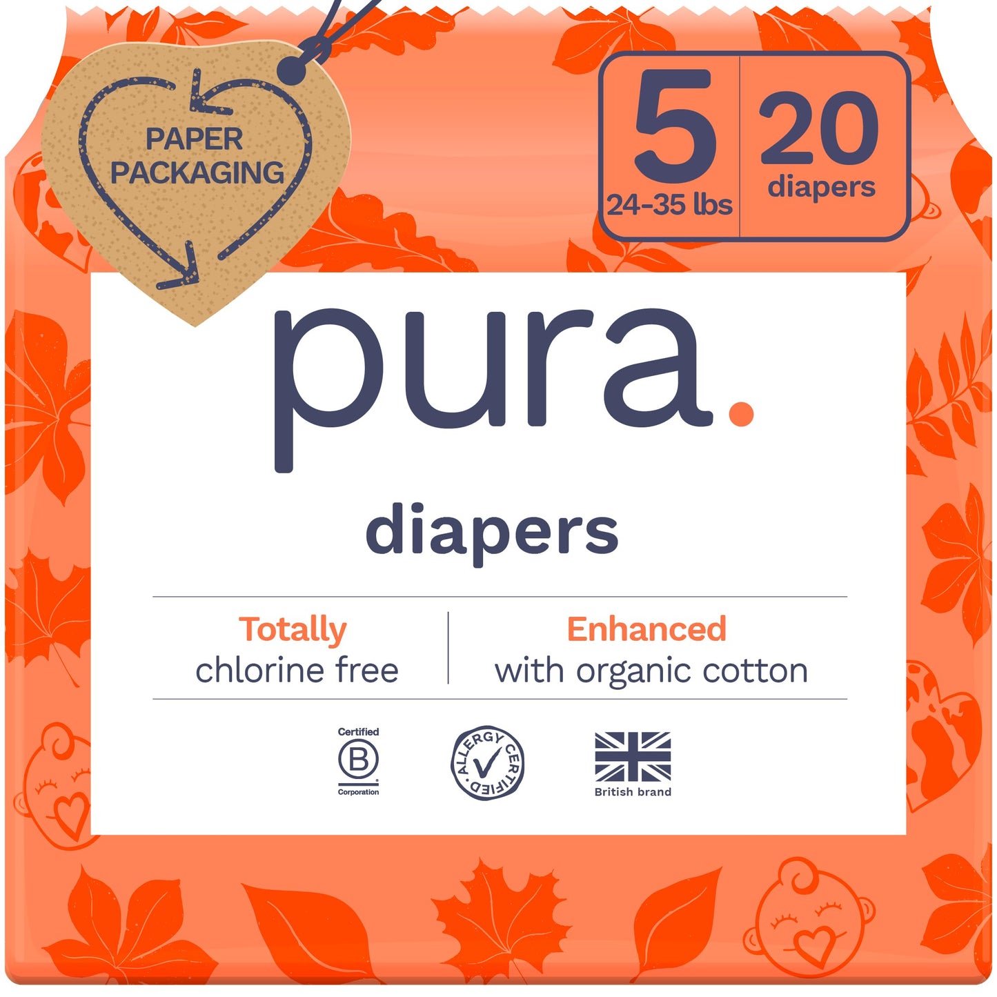 Pura Size 5 Eco-Friendly Diapers (24-35lbs) Totally Chlorine Free (TCF) Hypoallergenic, Soft Organic Cotton, Sustainable Comfort