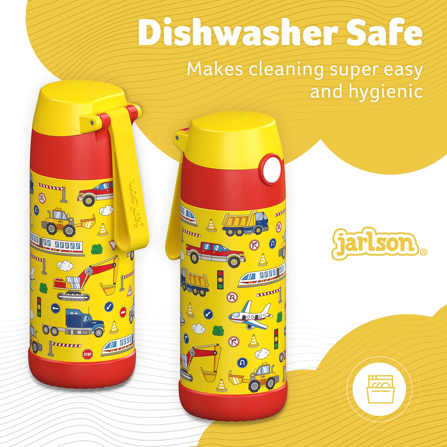 Jarlsona Kids Water Bottle - Mali - Insulated Stainless Steel Water Bottle With Chug Lid - Thermos - Girlsboys (Vehicles Mosaic,