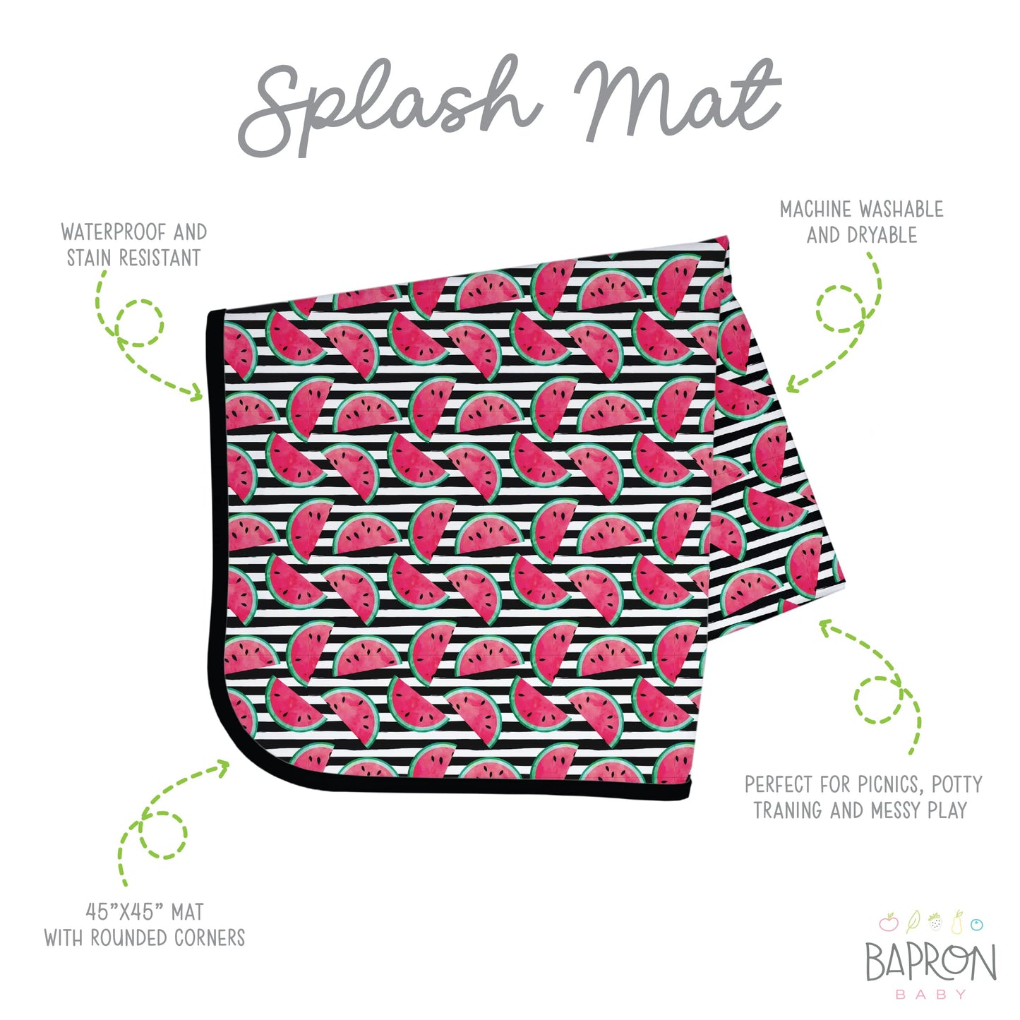 Bapronbaby Summer Stripes Watermelon Splash Mat - Waterproof Catch-All For Under High Chairs, Floors, Tables, Playtime Or Arts &