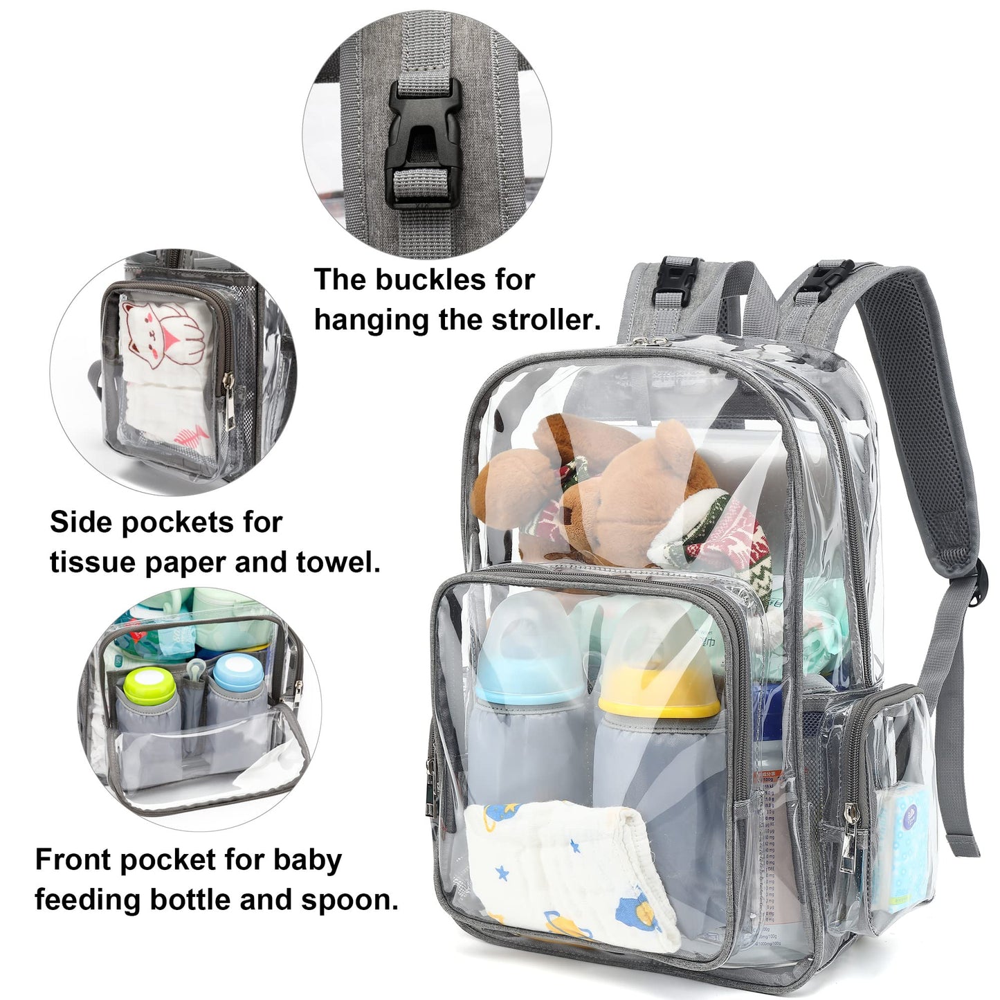 Yusudan Clear Diaper Bag Backpack For Baby Girls Boys, Mom Nappy Bags For Women (Grey)