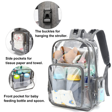 Yusudan Clear Diaper Bag Backpack For Baby Girls Boys, Mom Nappy Bags For Women (Grey)