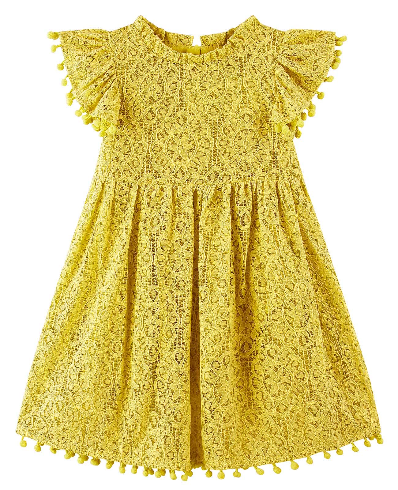 Jnklwpjs Toddler Girls Hollow Lace Pom Pom Flutter Sleeve Princess Party Dress Mustard Yellow 130Cm