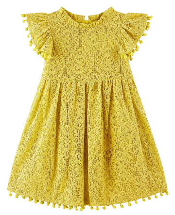 Jnklwpjs Toddler Girls Hollow Lace Pom Pom Flutter Sleeve Princess Party Dress Mustard Yellow 130Cm
