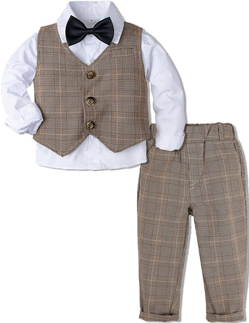 A&J Design Baby Suits For Boys Gentleman Wedding Formal Ring Bearer Plaid Outfit Dress Clothes Tuxedo Set Khaki 18-24 Months