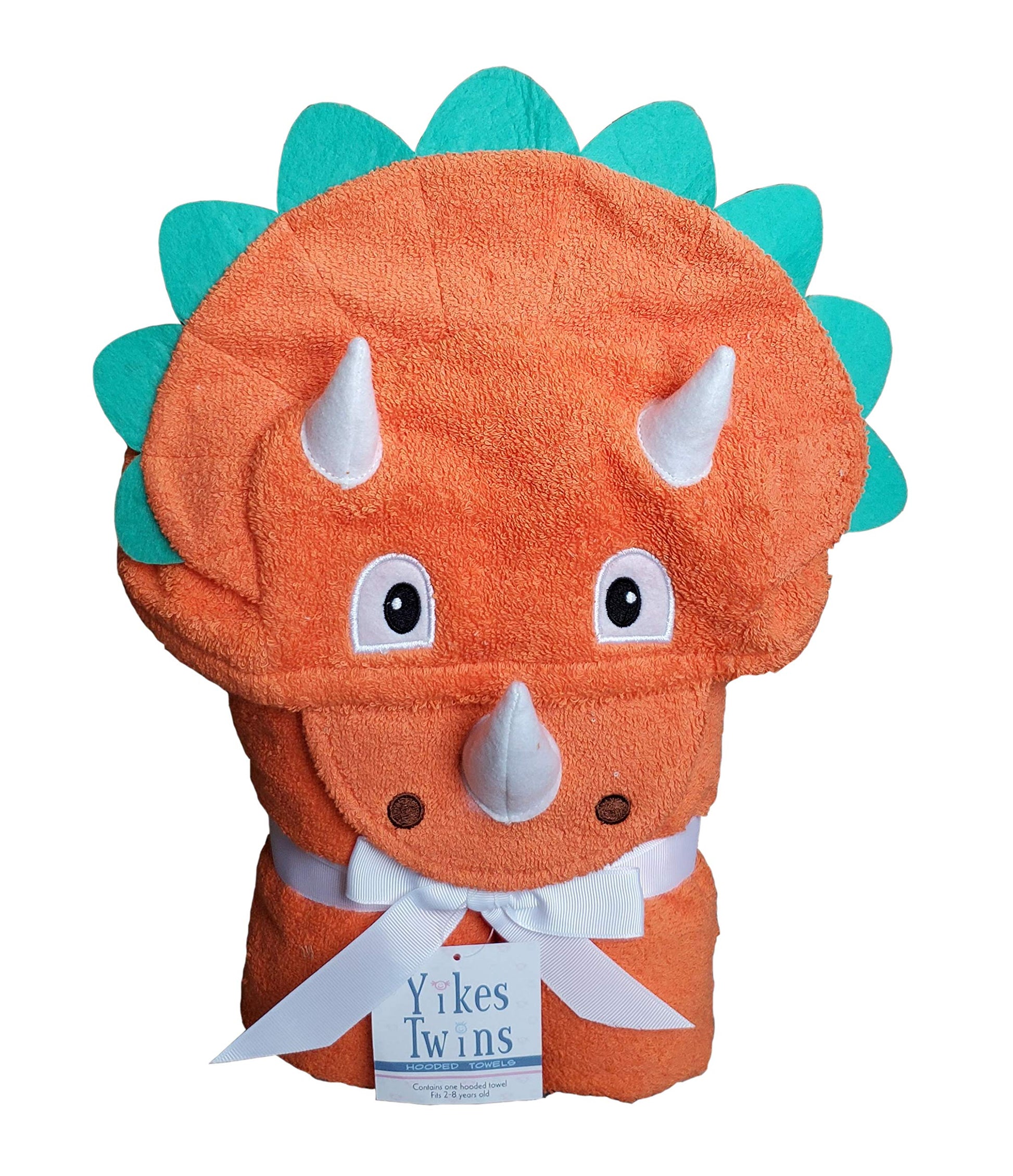 Yikes Twins Hooded Baby Towel for Kids 2-8 | Large 100% Cotton Baby Towel for Boys or Girls in Orange | Cute Dino Bath Towels fo