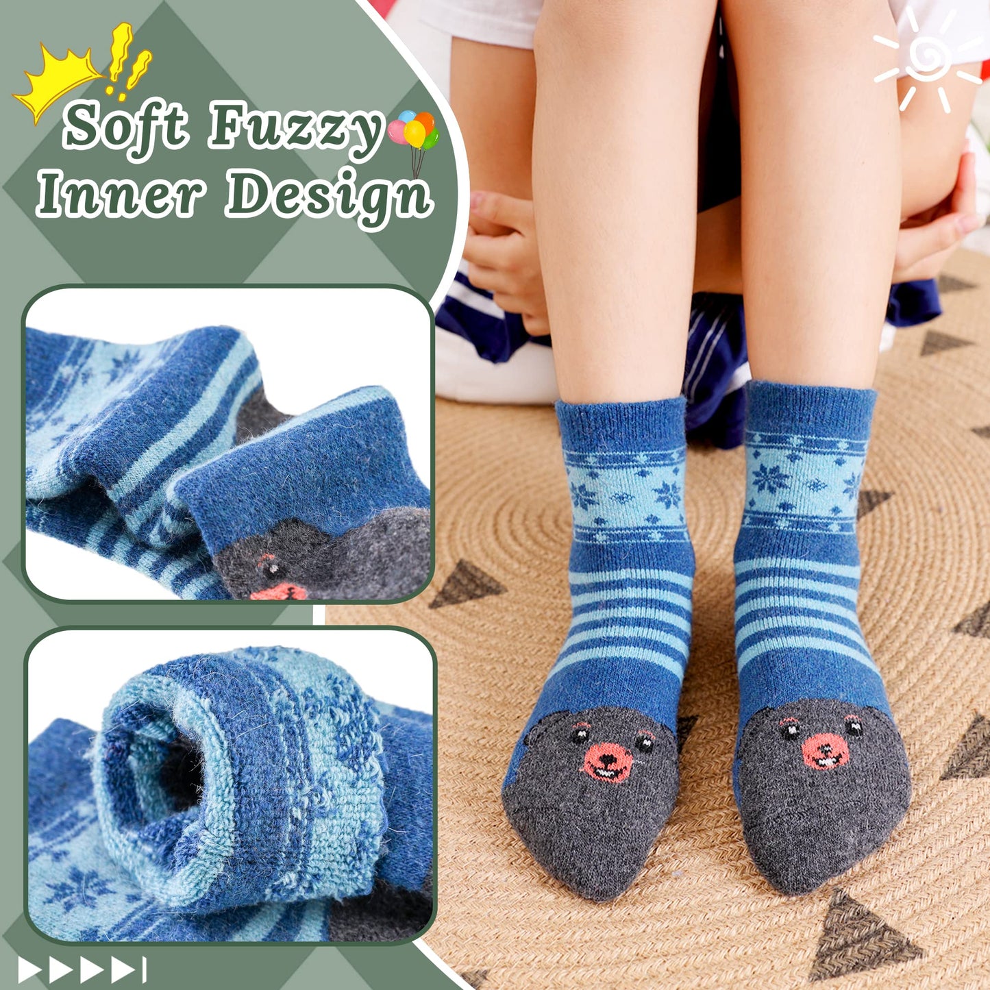 Children'S Winter Warm Wool Solid Color Socks Kids Boy Girls Thermal Crew Socks 6 Pairs (6 Pairs Snowflake Animal, 8-12 Years)