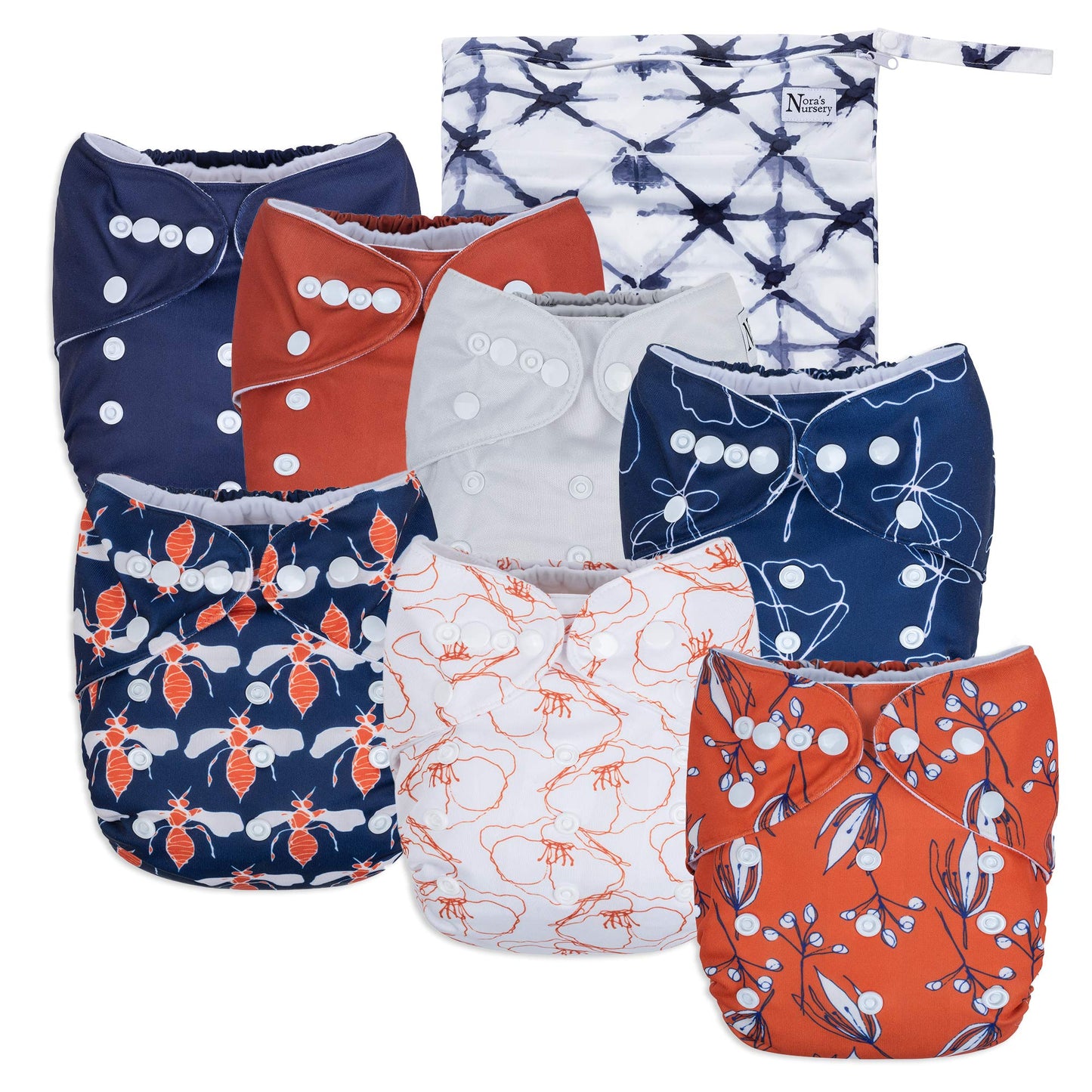 Wildflower Baby Cloth Pocket Diapers 7 Pack, 7 Bamboo Inserts, 1 Wet Bag By Noras Nursery