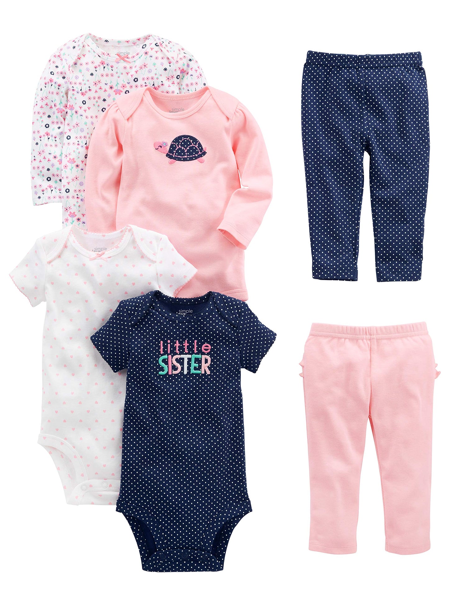 Simple Joys Baby Girls 6 piece Little Character set Sleepwear, Pink/Navy Ruffle, Newborn