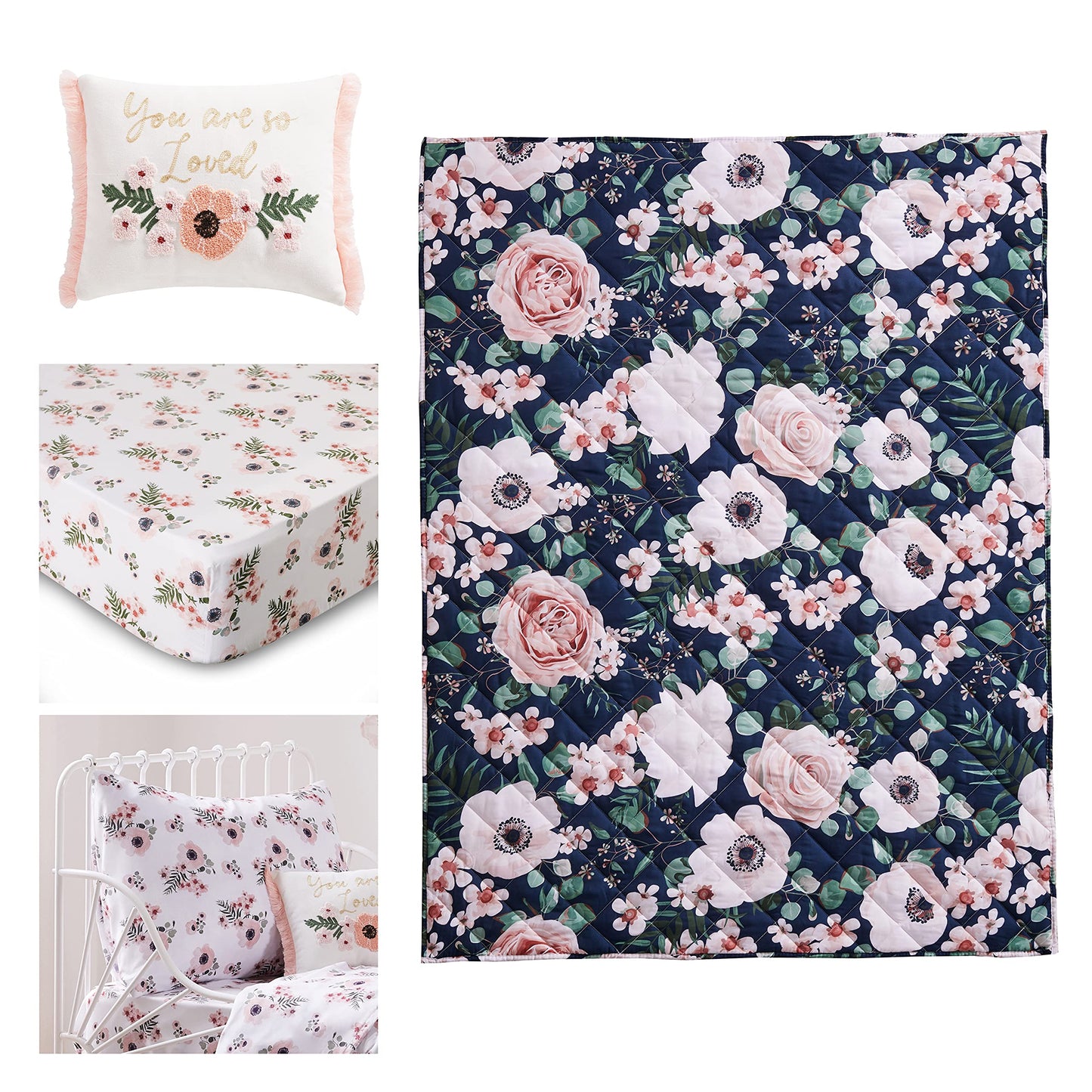 Levtex Baby - Fiori Toddler Bed Set - Black, Blush, Pink, White - Bold Floral - 5 Piece Set Includes Reversible Quilt, Fitted Sh