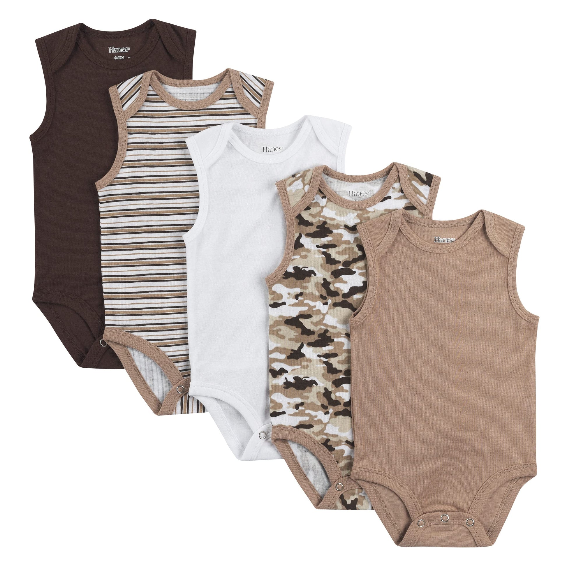 Hanes Baby Girls Bodysuits, Ultimate Flexy Infant Sleeveless 5-Pack, Brown/White/Tan, 0-6M Us