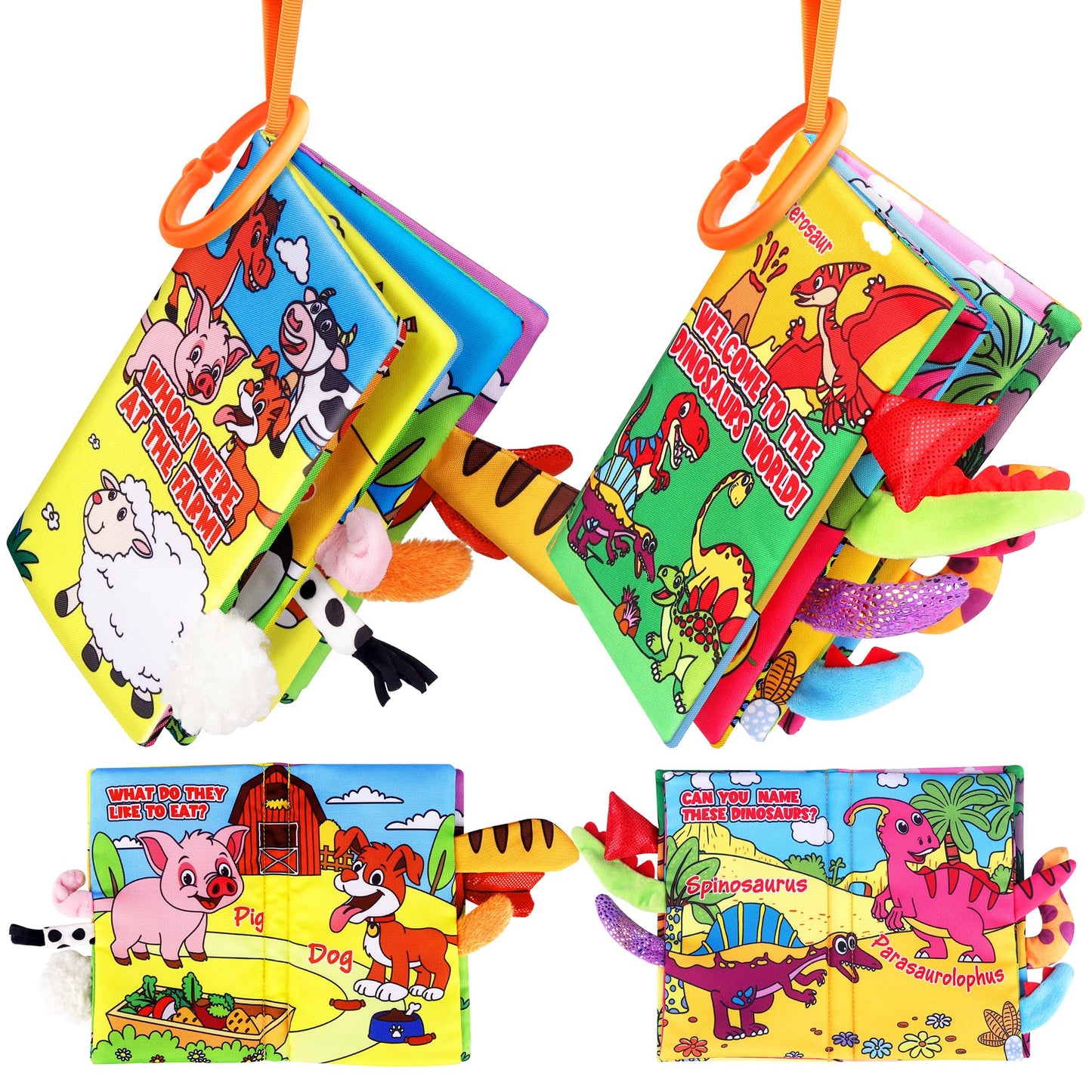 Helsort Soft Baby Books for 0-18 Months, 2PCS Crinkle Cloth Books - Dinosaur and Farm Themes, Tummy Time Toys for Infants 0-6-12