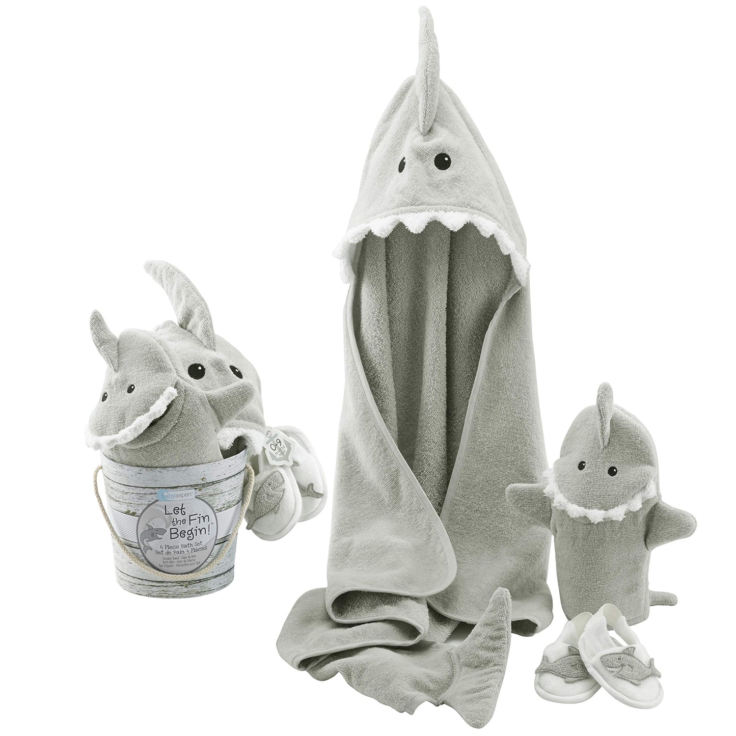 Baby Aspen Baby Girls 4pc Bath Time Gift Set Hooded Towel, Gray, Gray Shark US