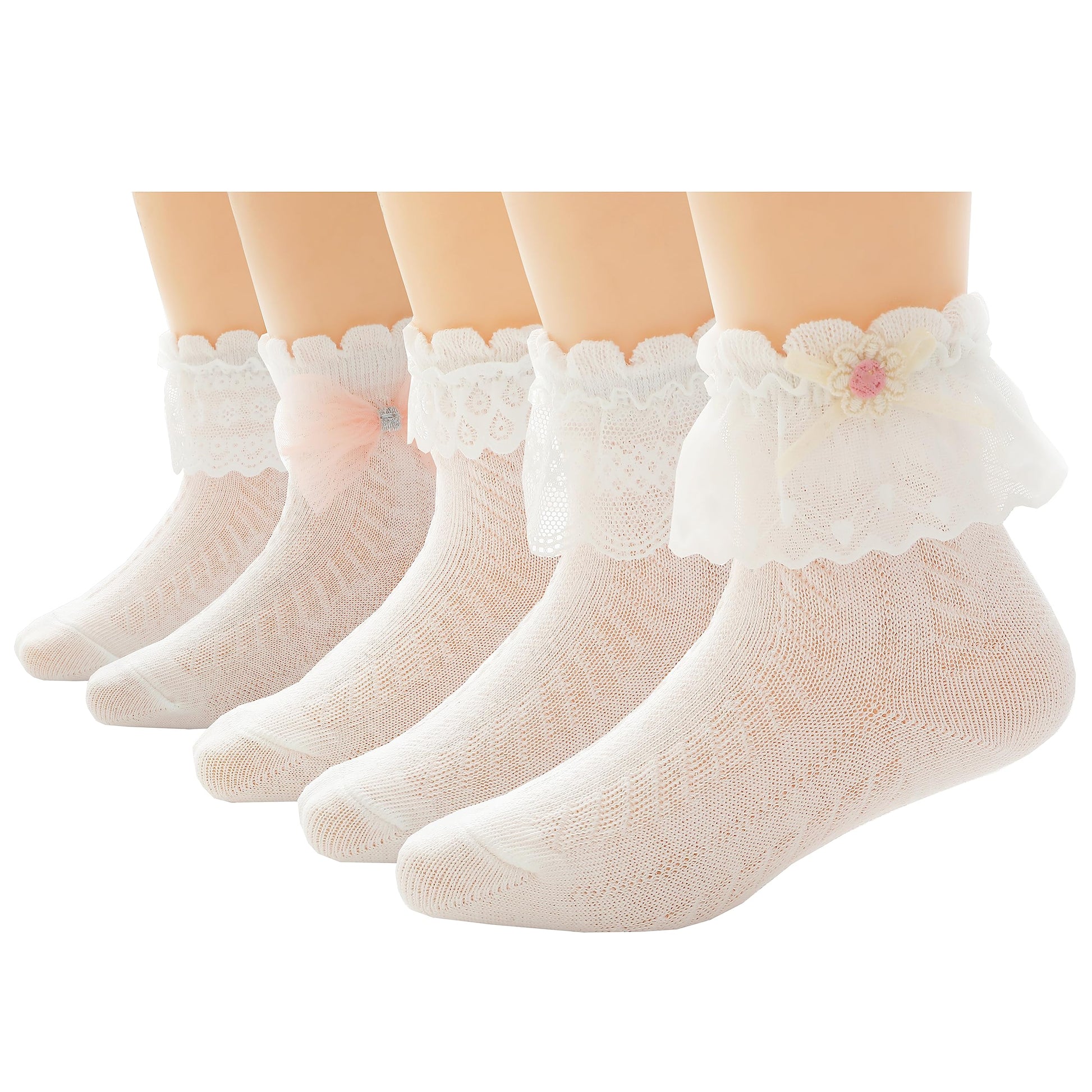 Xiyadun 5 Pairs Toddler Baby & Child Girls Ruffle Lace Ankle Cotton Dress Socks (M For 3-6 Years, White)