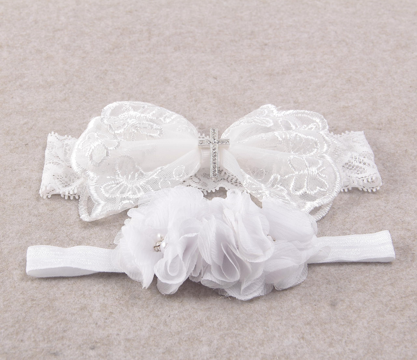 Nishine 2 Pack Baptism White Newborn Bowknot Headbands Baby Christening Hair Bows Headwrap Toddler Hairband (Cross Button)