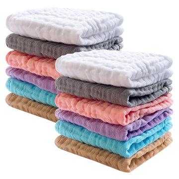 Sweet Dolphin 12 Pack Baby Muslin Washcloths - Soft Face Cloths For Newborn, Absorbent Bath Wash Cloths, Wipes, Burp Rag - Toddl