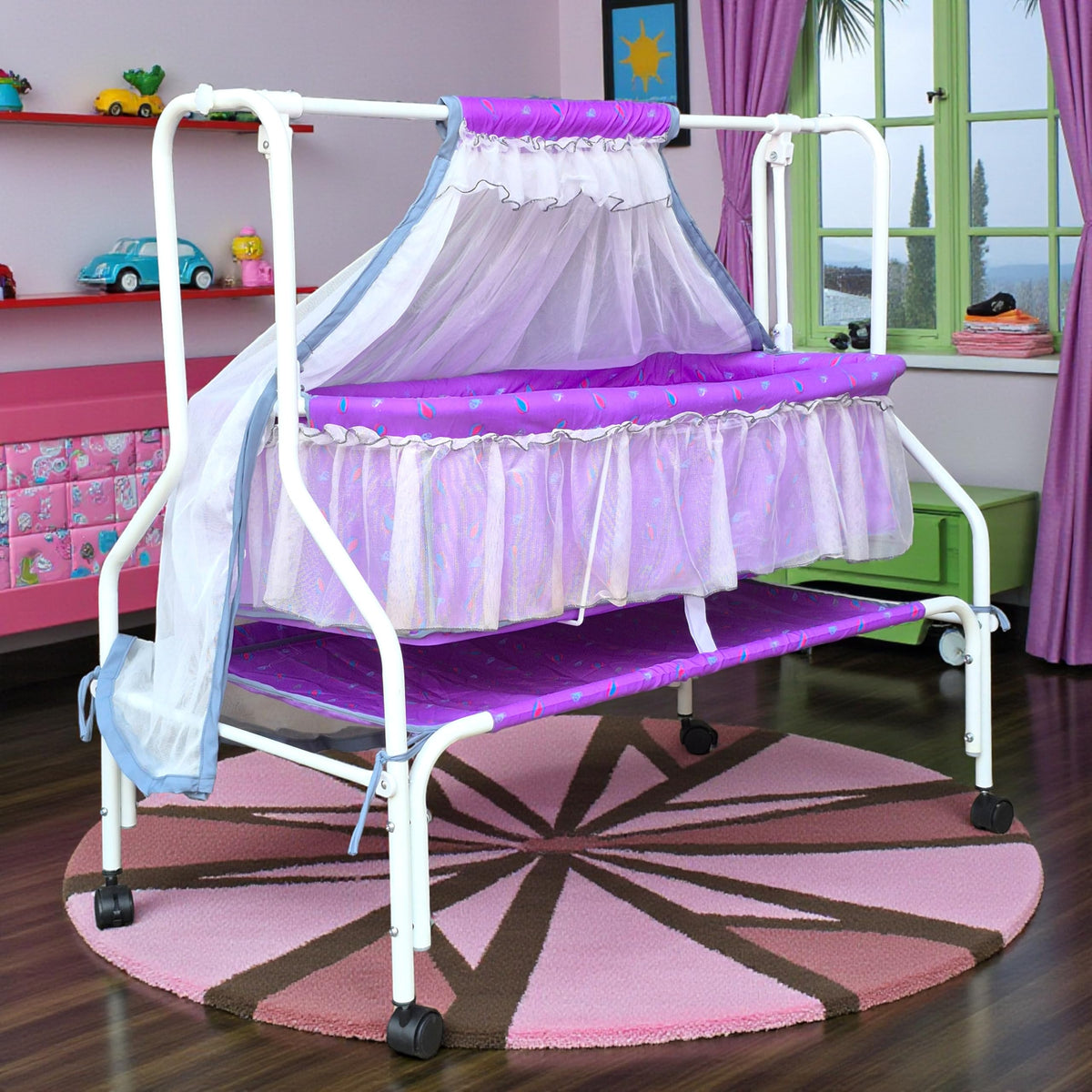 Kiddery Hestia | Cradle For Baby | New Improved Mattress Design | Mosquito Protection Net | Smooth Swing | All Wheel Lock | Paln