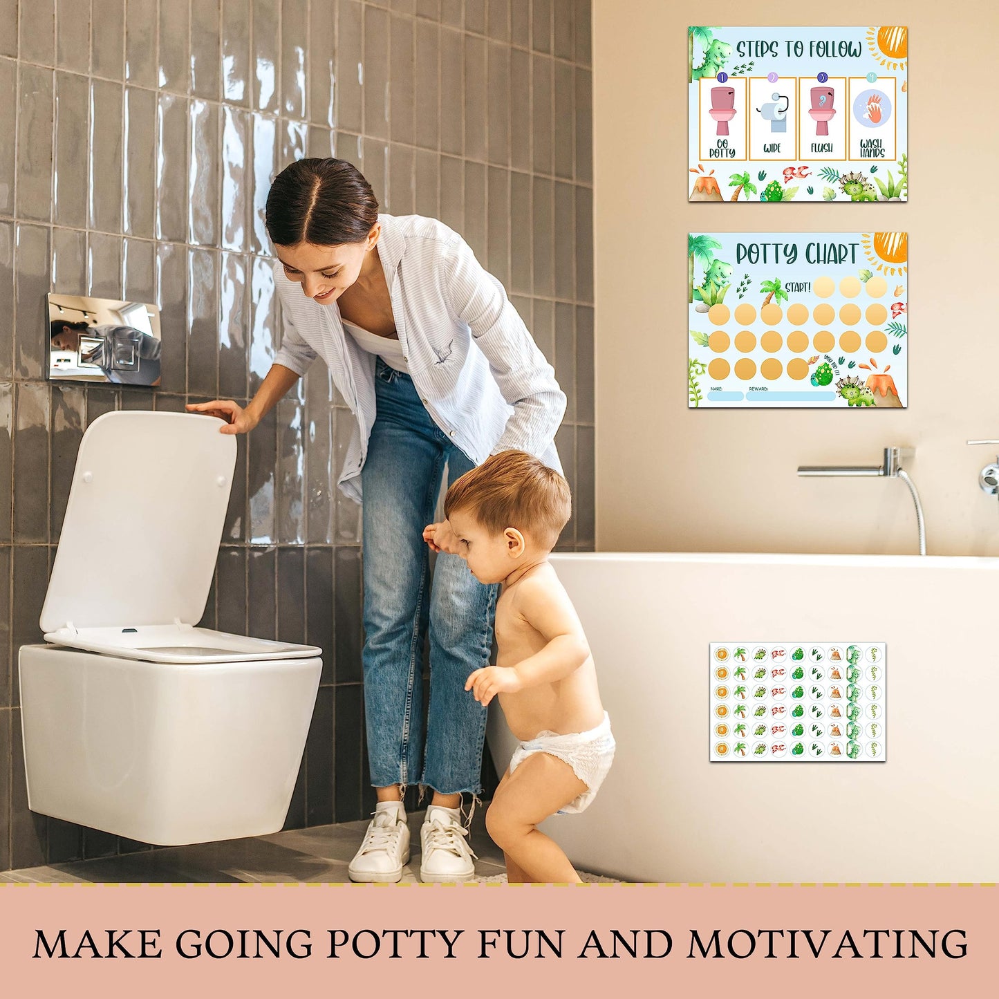 Dinosaur Potty Training Sticker Chart, 20 Potty Charts With 432 Round Stickers & 1 Instruction Sheet, Potty Reward Sticker Chart