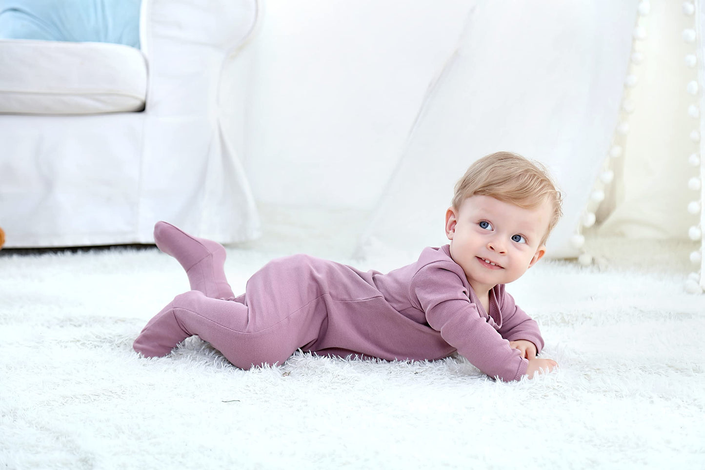 O2 Baby Baby Boys Girls Organic Cotton Zip Front Sleeper Pajamas, Footed Sleep  'N Play(6-12 Months, Mauve)