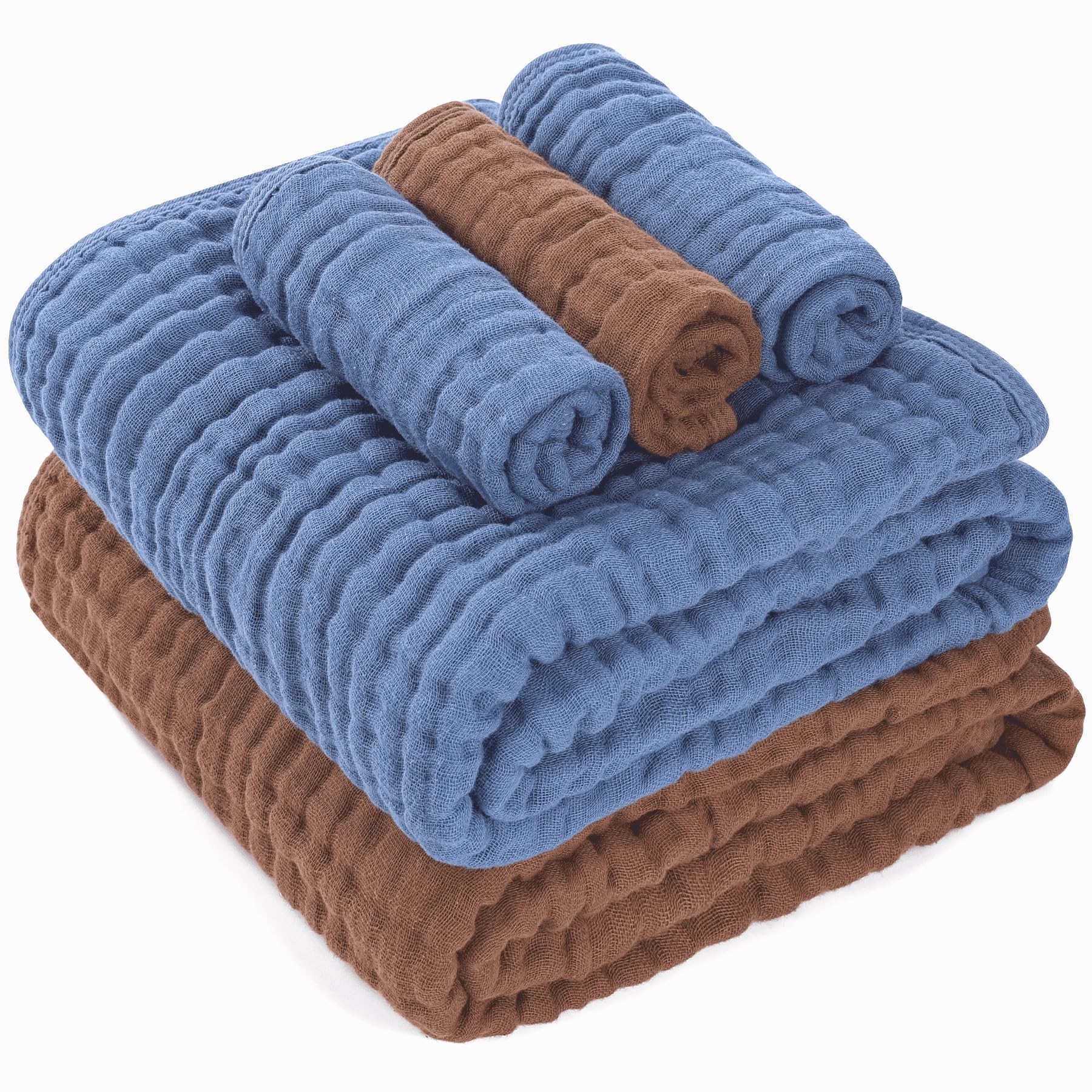 HardNok 5-Piece Muslin Baby Towel Set - 100% Organic Cotton, (2) Large 6-Layer 43x43 Towels & (3) Washcloths, Multi-Use Blanket 