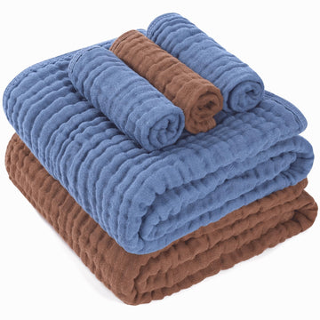 HardNok 5-Piece Muslin Baby Towel Set - 100% Organic Cotton, (2) Large 6-Layer 43x43 Towels & (3) Washcloths, Multi-Use Blanket 