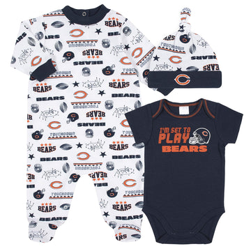 Nfl Chicago Bears 3 Pack Bodysuit Sleep N Play Footie Cap Registry Gift Set, Blue/White/Orange Chicago Bears, 0-3M