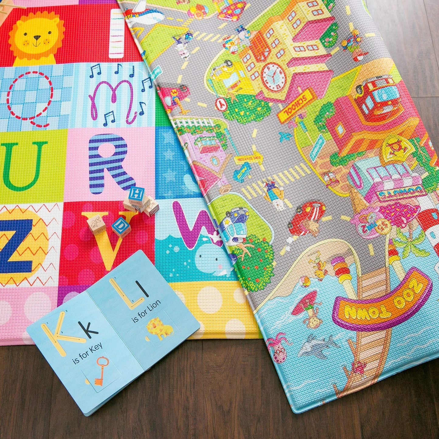 Baby Care Play Mat (Large, Playful - Zoo Town) 82 x 55 Original One-Piece Reversible Rollable Waterproof Play Mat for Infant