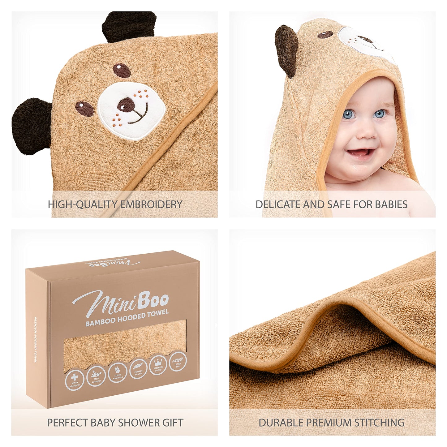 Miniboo Premium Hooded Towel With Unique Dog Design - Extra Soft And Absorbent Rayon From Bamboo Towels For Newborn, Infant, And