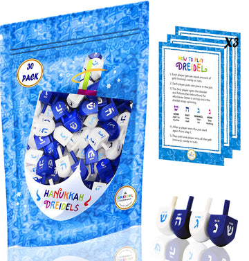 The Dreidel Company 30 Solid Blue & White Wooden Hand Painted Hanukkah Dreidels With English Transliteration - Includes 3 Detail