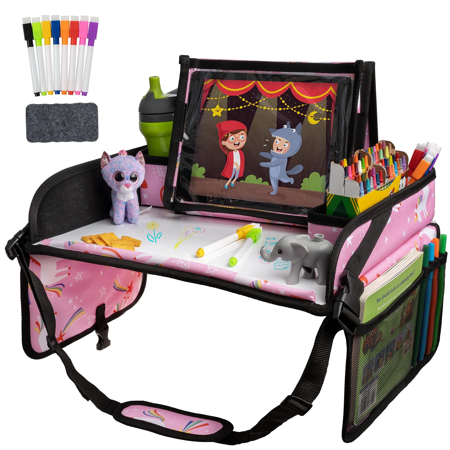 Lusso Gear Kids Travel Tray For Toddler & Kids - Kids Car Seat Lap Tray For Airplane - Kids Car Activity Tray - Pink Unicorn Tra
