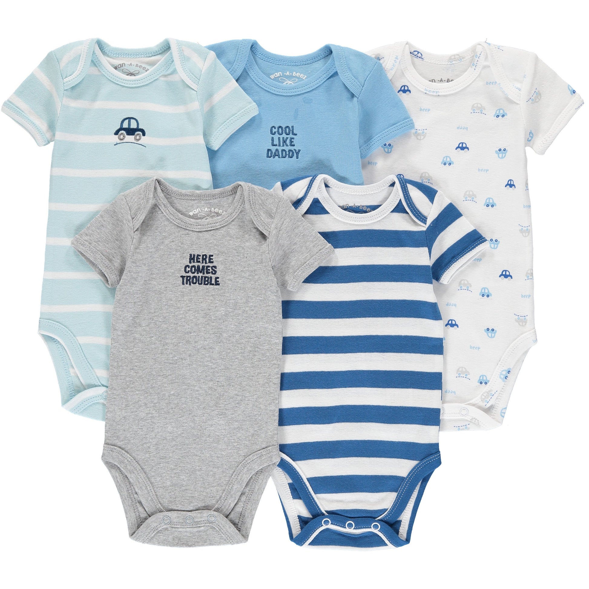 Wan-A-Beez 5 Pack Baby Girls and Boys Short Sleeve Bodysuits (18 Months, Turquoise Car)