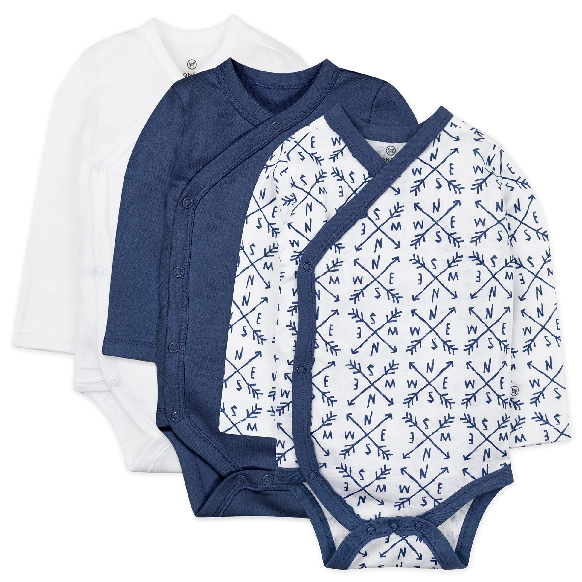 Honestbaby 3-Pack Organic Cotton Long Sleeve Side-Snap Kimono Bodysuits, Compass Blue, 0-3 Months