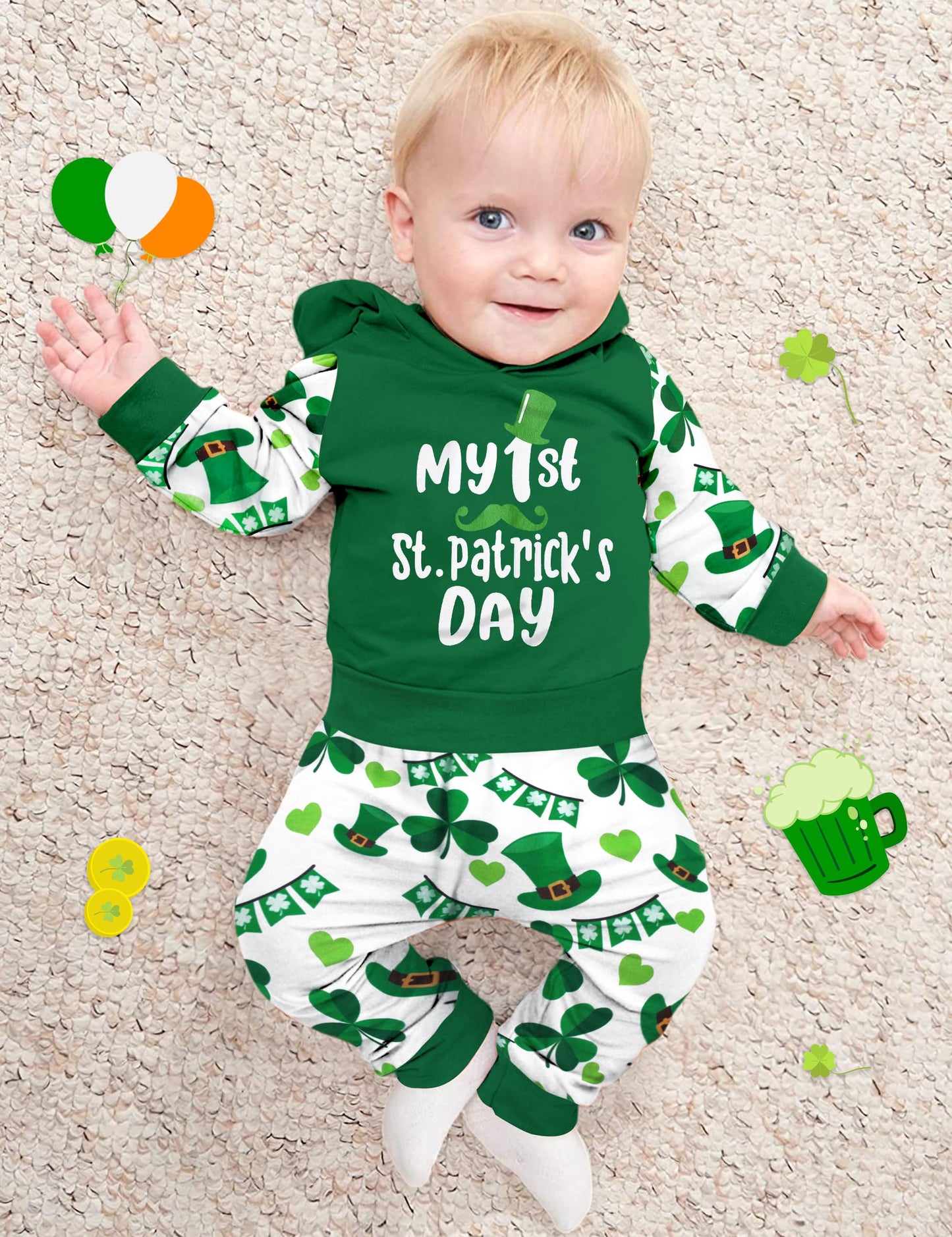 St Patricks Day Baby Boy Outfit 9-12 Months My First St Patricks Day Baby Boy Outfit Hoodie Four-Leaf Clover Sleeves Slacks 2-Pi