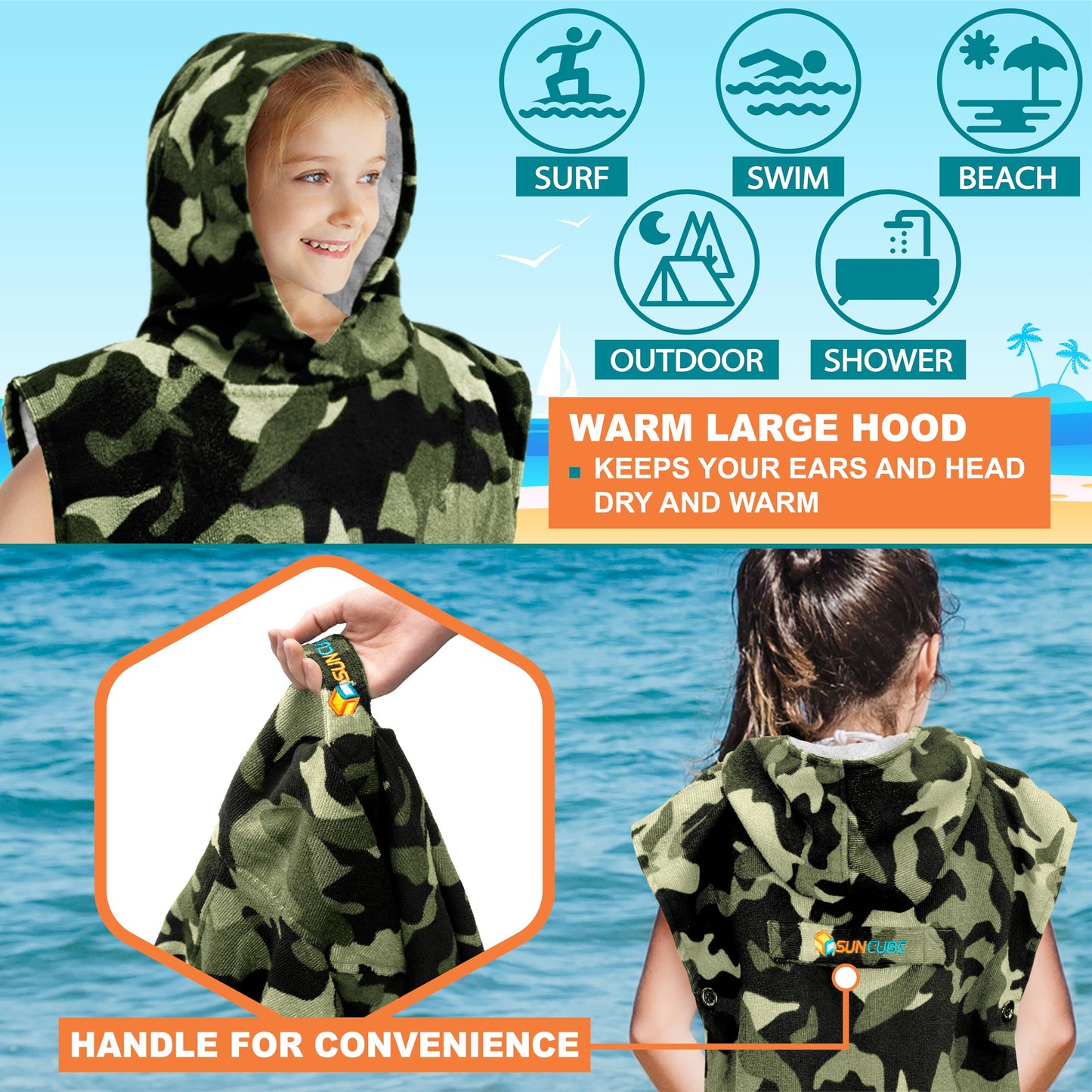 Sun Cube Kids Changing Robe Surf Poncho, Kids Beach Towels, Hooded Towel For Toddler Bath Pool, Microfiber Quick Dry Wearable To