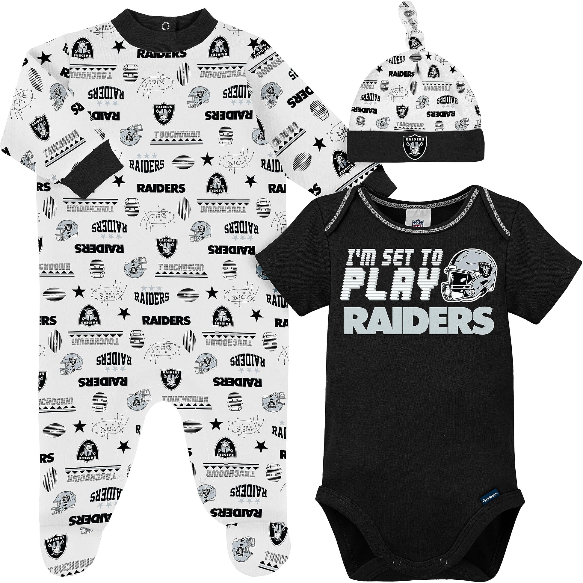 Nfl Baby Boys' 3-Piece Bodysuit, Sleep 'N Play, & Cap Set, Las Vegas Raiders, 6-9 Months