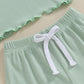 Kupretty Toddlers Baby Girls Summer Clothes Set Ruffle Ribbed Knit Short Sleeves T-Shirt Tops Shorts Comfy Outfits (A Green, 6-1