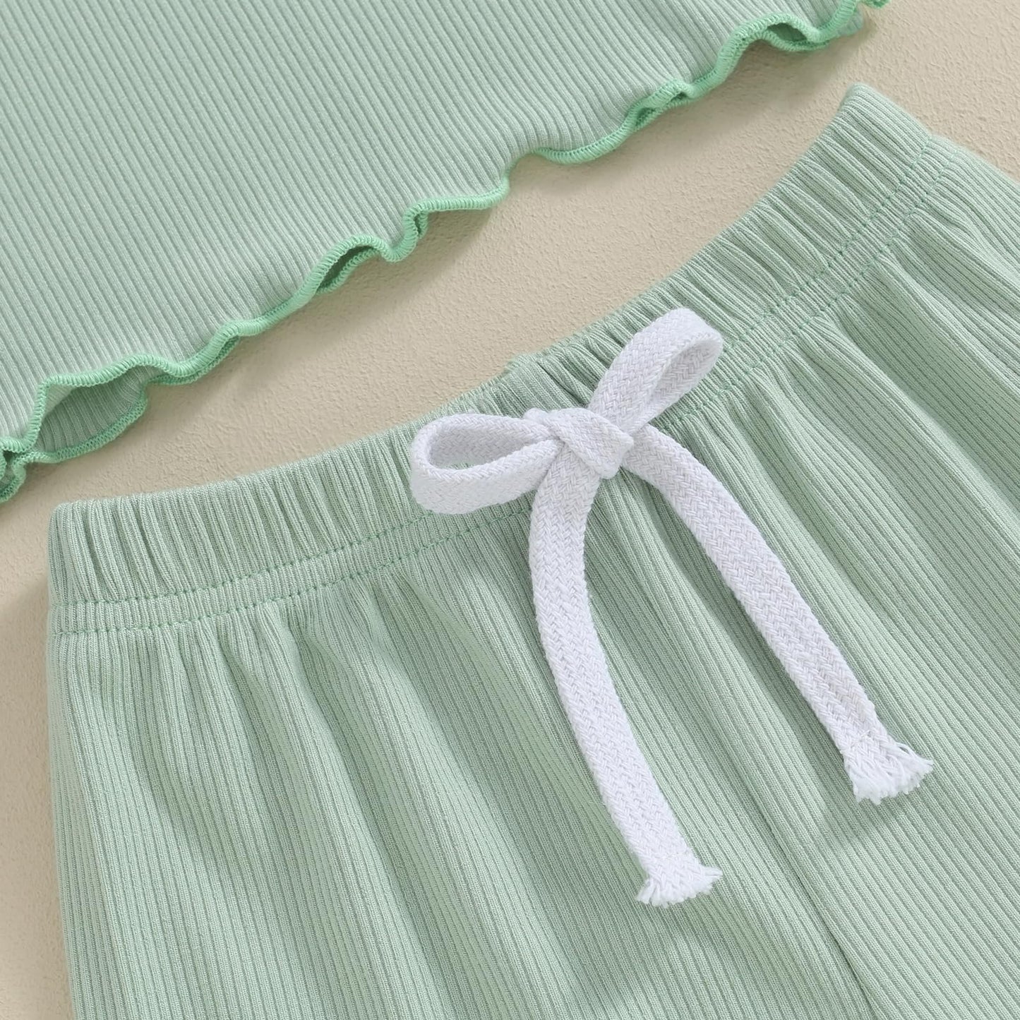 Kupretty Toddlers Baby Girls Summer Clothes Set Ruffle Ribbed Knit Short Sleeves T-Shirt Tops Shorts Comfy Outfits (A Green, 6-1